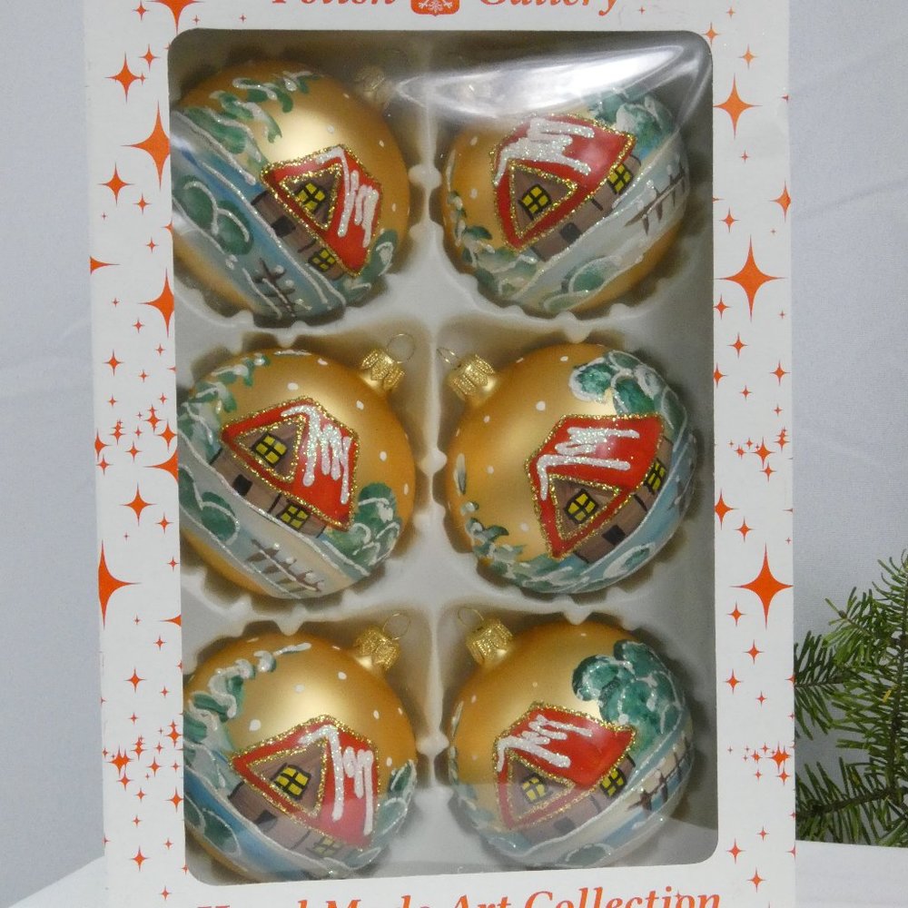 Winter Village Hand Decorated Christmas Ornament 3" Blown Glass Ball**SET OF 6**